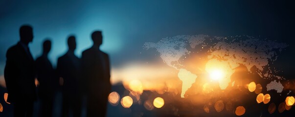 Silhouettes of business people against a sunset backdrop, symbolizing teamwork, leadership, and global collaboration.