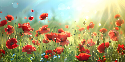 Obraz premium Red poppy flowers against the blue sky, red poppy flowers, blue sky, vibrant flowers, poppy field, floral contrast, red blooms, sky