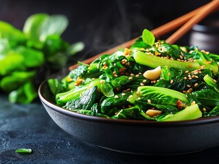 A serving of stirfried baby bok choy with garlic, lightly charred and garnished with sesame seeds, served on a white dish with chopsticks