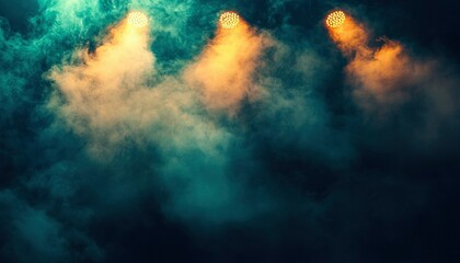 Three Spotlights Shining Through Smoke and Fog