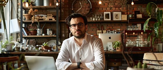 Fototapeta premium Man in White Shirt with Glasses and Stylish Hairstyle Sitting at a Rustic Wooden Table in a Coffee Shop