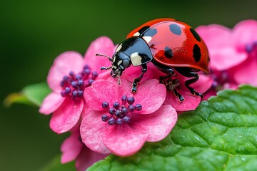 Fototapeta premium Ladybugs on hydrangeas, spotted backs, garden guardians help control pests naturally
