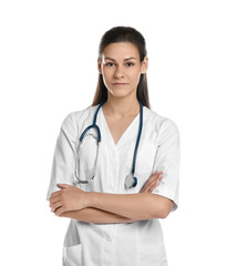 Fototapeta premium Portrait of beautiful nurse with crossed arms on white background