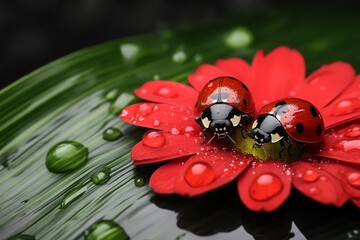 Naklejka premium Ladybugs on leaves, resting on petals, natural beauty add a charming touch to any floral scene