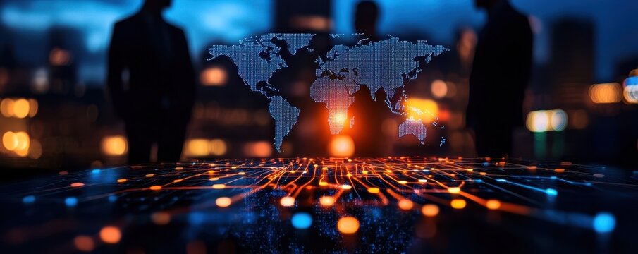 A business team silhouette with a digital world map overlay, symbolizing global connectivity and modern technology.
