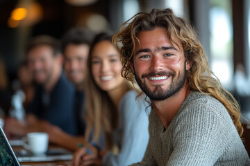 Obraz premium Smiling Man with Team in a Modern Office