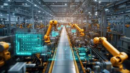 Fototapeta premium Futuristic Factory Automation: Robotic Arms Synergy in Advanced Manufacturing