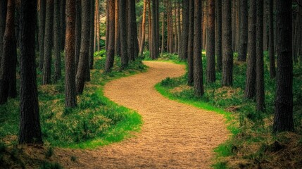 Obraz premium Winding Path Through Lush Pine Forest