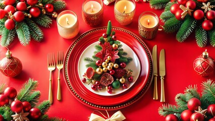 Festive Christmas table setting with a decorative dessert centerpiece and candles for holiday dinner
