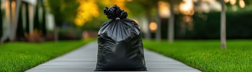 Fototapeta premium A black garbage bag placed on a pathway, surrounded by green grass and trees, illustrating waste disposal in an urban environment.