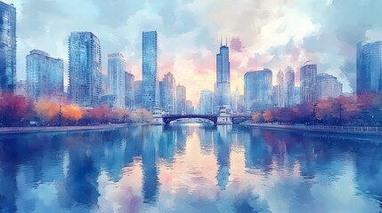 Obraz premium Watercolor Impressionistic Cityscape of Chicago River Reflections