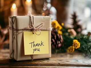 A yellow sticky note with Thank you written in simple handwriting, attached to a gift box wrapped with a ribbon on a wooden table