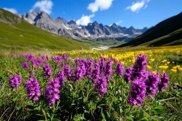 Fototapeta premium Nature reserve, alpine meadows, high-altitude blooms burst into color during the brief summer months