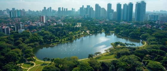 Fototapeta premium Majestic Urban Park Oasis: Aerial View of Lakes, Skyscrapers, and Paths in