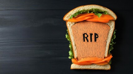 A spooky paper cut sandwich shaped like a tombstone with RIP carved on it