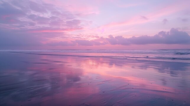 beach at low tide with wet sand reflecting the soft pinks and purples of a sunset sky