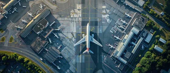 Fototapeta premium Futuristic Airport Aerial View - High- Image with Runways, Terminals, and Planes Ready for Takeoff