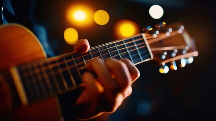Obraz premium A close-up image of a hand playing an acoustic guitar, showcasing the musician's skill against a blurred bokeh background.
