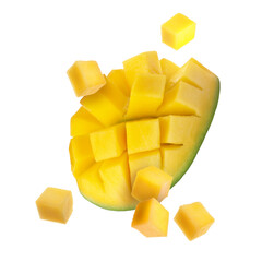 Sweet fresh mango cut in cubes flying on white background