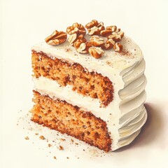 A watercolor of a slice of carrot cake with cream cheese frosting, topped with walnuts and a sprinkle of cinnamon