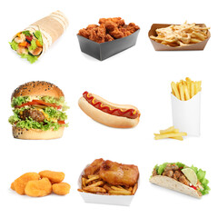 Different tasty fast food isolated on white, collection