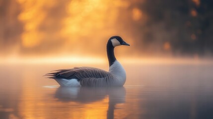 serene wildlife photography lone goose in goldenhour lake misty water surface soft reflections muted earth tones