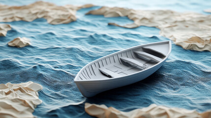 Obraz premium A minimalistic 3D design featuring boat on textured water waves, creating serene and artistic scene.