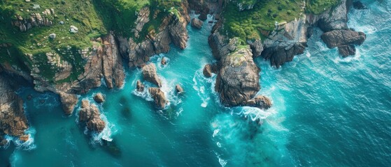 Obraz premium Majestic Coastal Cliffside Aerial View in with Crashing Waves and Lush Greenery