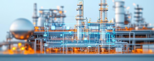 Fototapeta premium Futuristic oil refinery with digital data overlays in blue and white, representing the integration of technology and industrial processes