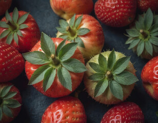 Fragole mature dalla texture rugosa, pronte da gustare.
