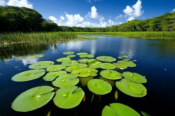 Nature reserve, serene ponds, aquatic plants support amphibians, fish, and insects in their natural habitats