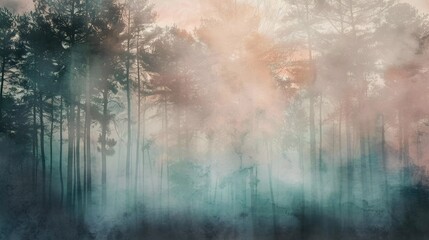 foggy magical forest with soft pastel color illustration