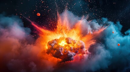 A vibrant explosion unfolds with vivid orange and purple hues as chemicals react violently. Smoke billows outward, creating a mesmerizing yet intense atmosphere