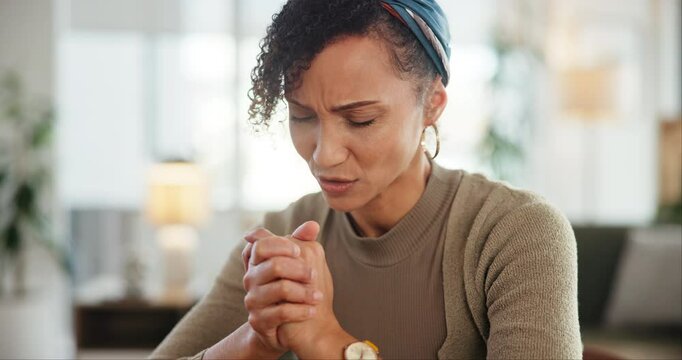 Worship, gospel and spiritual study by woman holding hands and praying for peace, religion or faith. Gratitude, God and lady with prayer, christianity or Jesus Christ praise in home living room