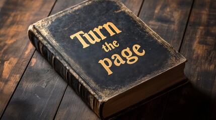 An antique book with the title 'Turn the page' in bold golden letters, sitting on a rustic wooden table, representing knowledge and transition in a vintage style.