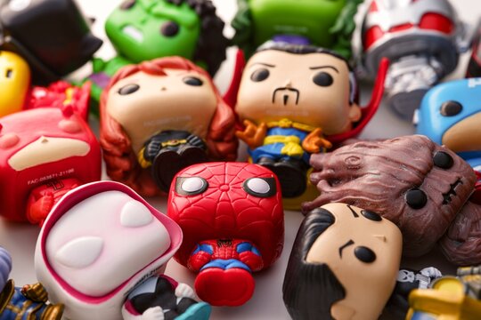 Tambov, Russian Federation - August 23, 2024 A heap of Marvel Funko POP Mini Vinyl Figures.