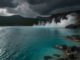 Obraz premium Steam Rising From Blue Lake With Mountains and Cloudy Sky