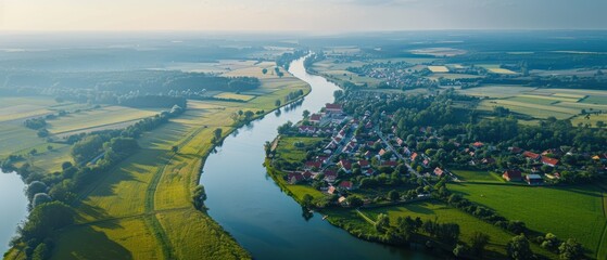 Serene Rural Charm: Aerial View of Idyllic Countryside with Meandering River, Quaint Hamlets, and Picturesque Fields in Crystal-clear Quality