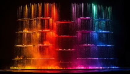Colorful Spectacle of Light and Water Droplets Falling from Suspended Platforms