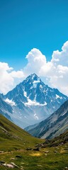 Fototapeta premium A stunning view of a majestic mountain surrounded by lush green valleys under a bright blue sky with fluffy clouds.