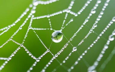 A detailed macro shot of morning dew on a spiderweb in a field