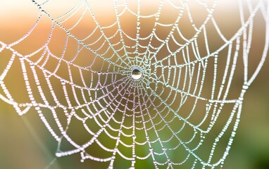 A detailed macro shot of morning dew on a spiderweb in a field