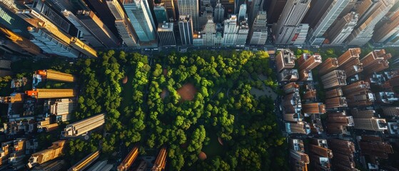 Fototapeta premium Majestic Urban Landscape: Aerial View of Vibrant Cityscape with Skyscrapers, Bustling Streets, and Lush Central Park in