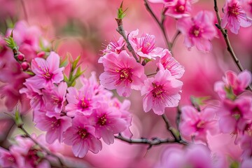 Obraz premium Delicate Pink Blossoms in a Blurred Garden
