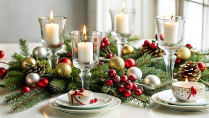 Elegant Christmas table centerpiece with candles, pine branches, and festive ornaments on a bright setting