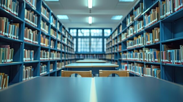 Blue Library Tables With Wooden Chairs