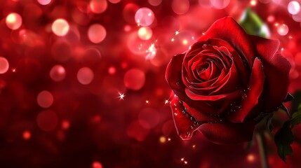 A close-up of a luxurious red rose adorned with sparkles and set against a beautiful bokeh background, representing elegance, love, and romance.