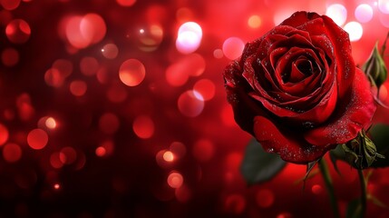 A stunning red rose with dewdrops on its petals set against a captivating bokeh background, highlighting its natural beauty and elegance.