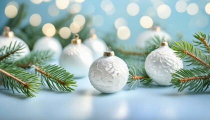 Obraz premium Many white ornaments on a table with pine branches, christmas background