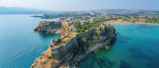 Majestic Aerial View of Ancient Coastal Fortress and Town in - Historic Walls, Turquoise Waters, Sunny Sky